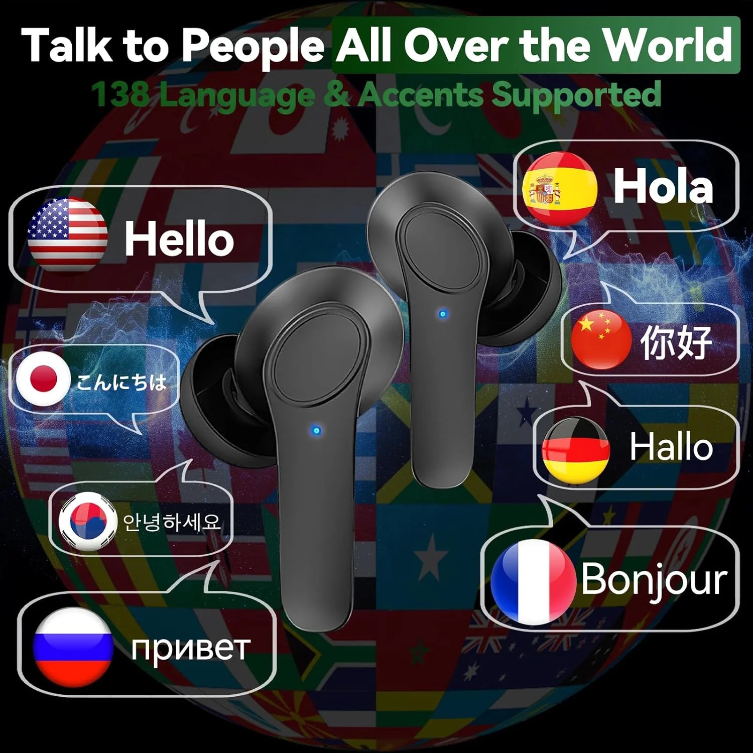 Real-Time Translator Earbuds | 144-Language AI Translation Bluetooth 5.0 Earphones | Noise-Canceling, Touch Control, Fast Charging Travel Headset
