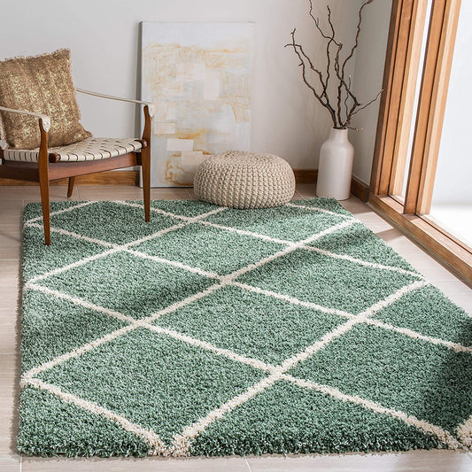 Hudson Shag Collection 7' Square Area Rug - Green & Ivory Modern Trellis Design, Non-Shedding, Easy Care, 2-Inch Thick, Perfect for High Traffic Areas in Living Room and Bedroom (SGH281Y)