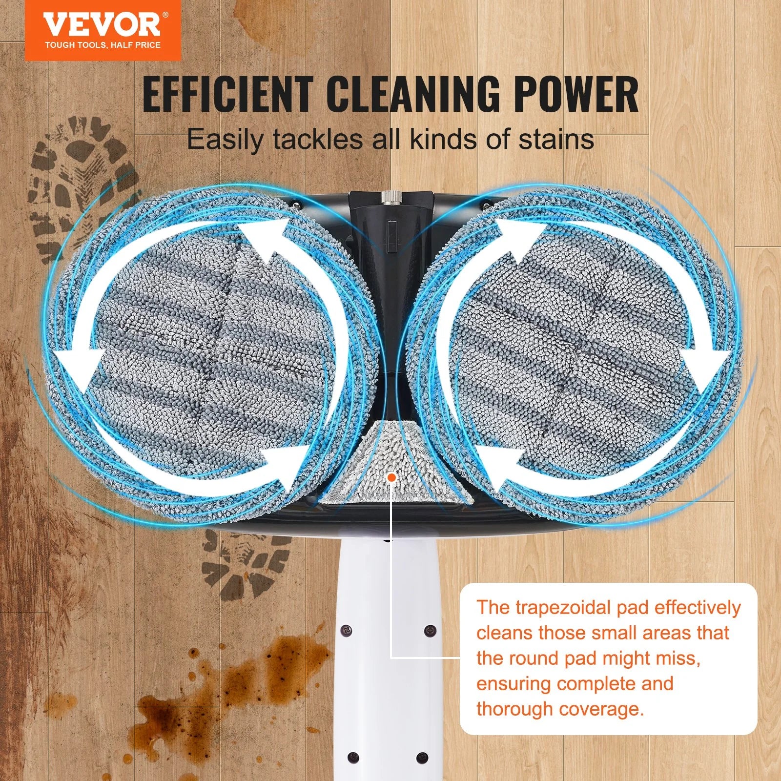 VEVOR Cordless Electric Mop with Integrated Water Tank, 40-Minute Battery Life, LED Headlight, Dual Mop Heads, and 8 Microfiber Pads for Efficient Hardwood and Tile Floor Cleaning