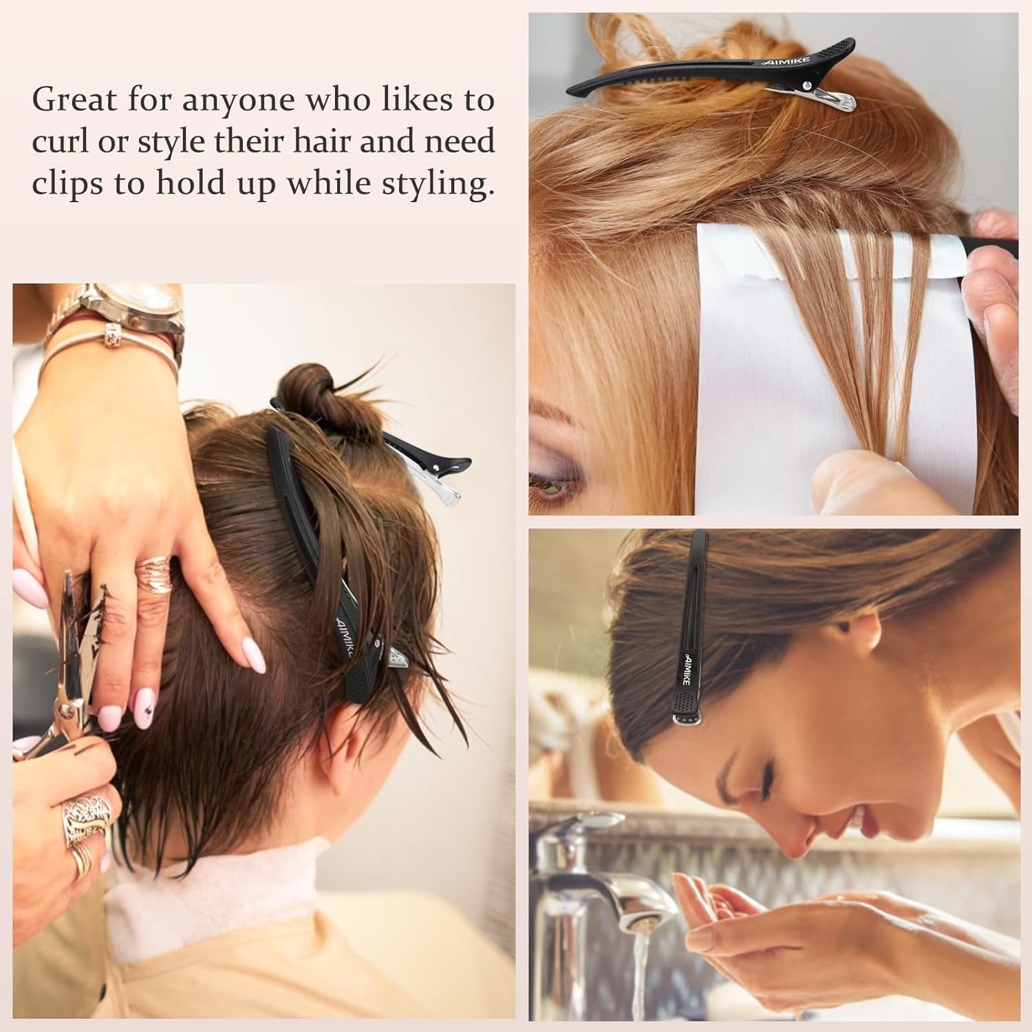 6Pcs Professional Hair Clips for Styling Sectioning, Non Slip No-Trace Duck Billed Hair Clips with Silicone Band, Salon and Home Hair Cutting Clips for Hairdresser, Women, Men - Black 4.3” Long