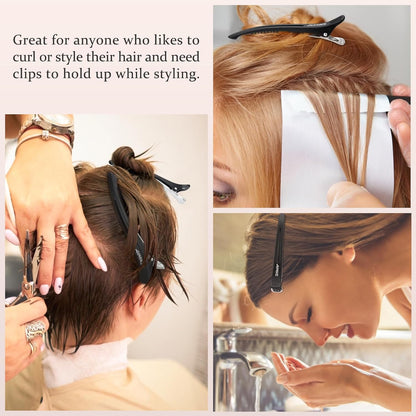 6Pcs Professional Hair Clips for Styling Sectioning, Non Slip No-Trace Duck Billed Hair Clips with Silicone Band, Salon and Home Hair Cutting Clips for Hairdresser, Women, Men - Black 4.3” Long